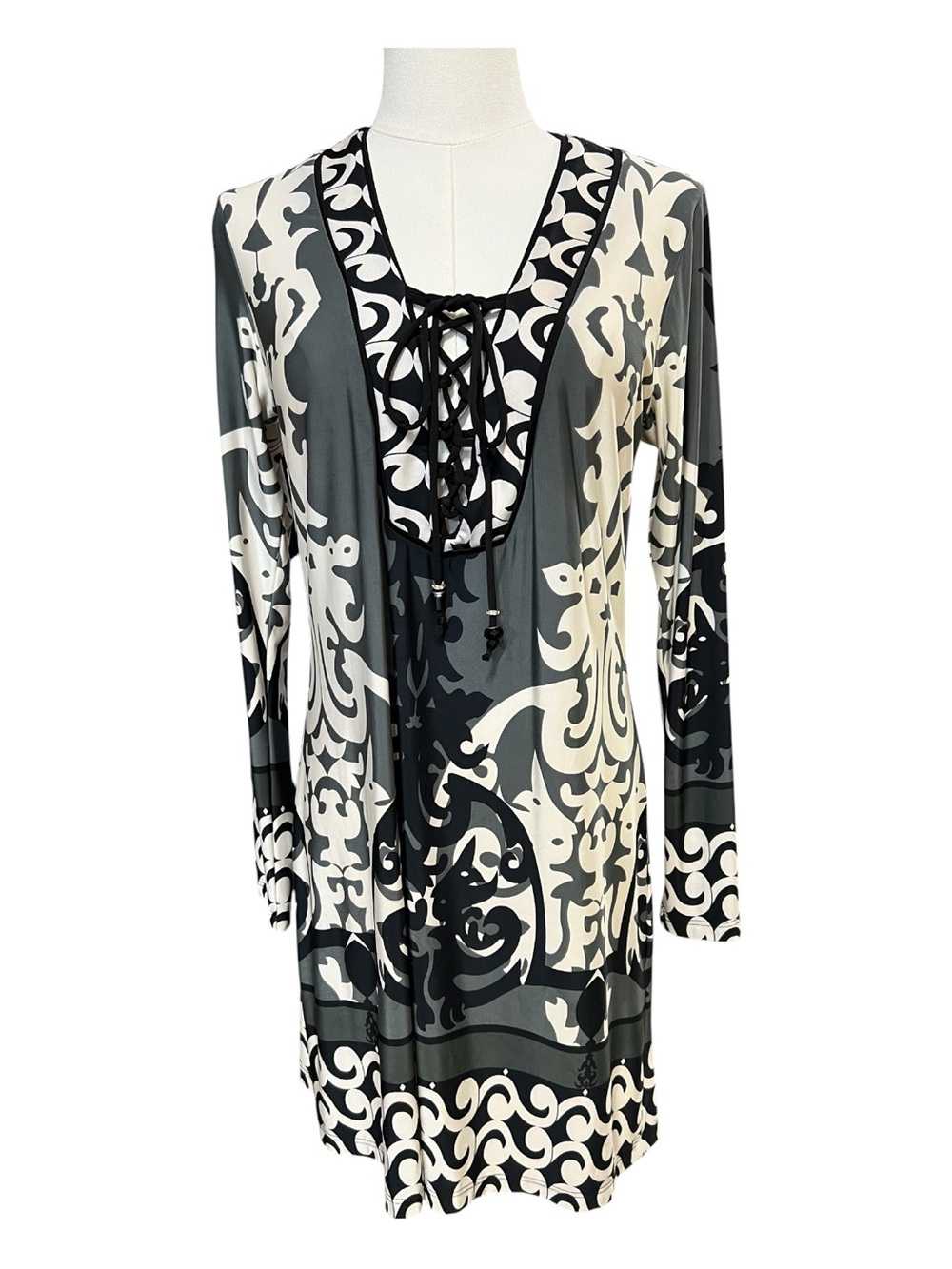 EUC Analili Arabesque Scroll Print Lace-Up Tunic Dress | Size S